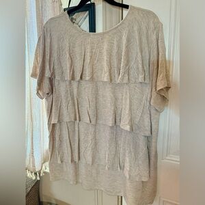Jersey knit feel, oatmeal cream color Large top by Pebble and Stone, ruffle back